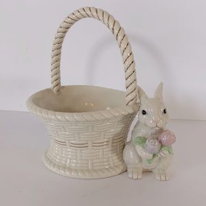 Lenox Easter Bunny Rabbit Decor Woven Basket Gold Porcelain Candy Dish Planter